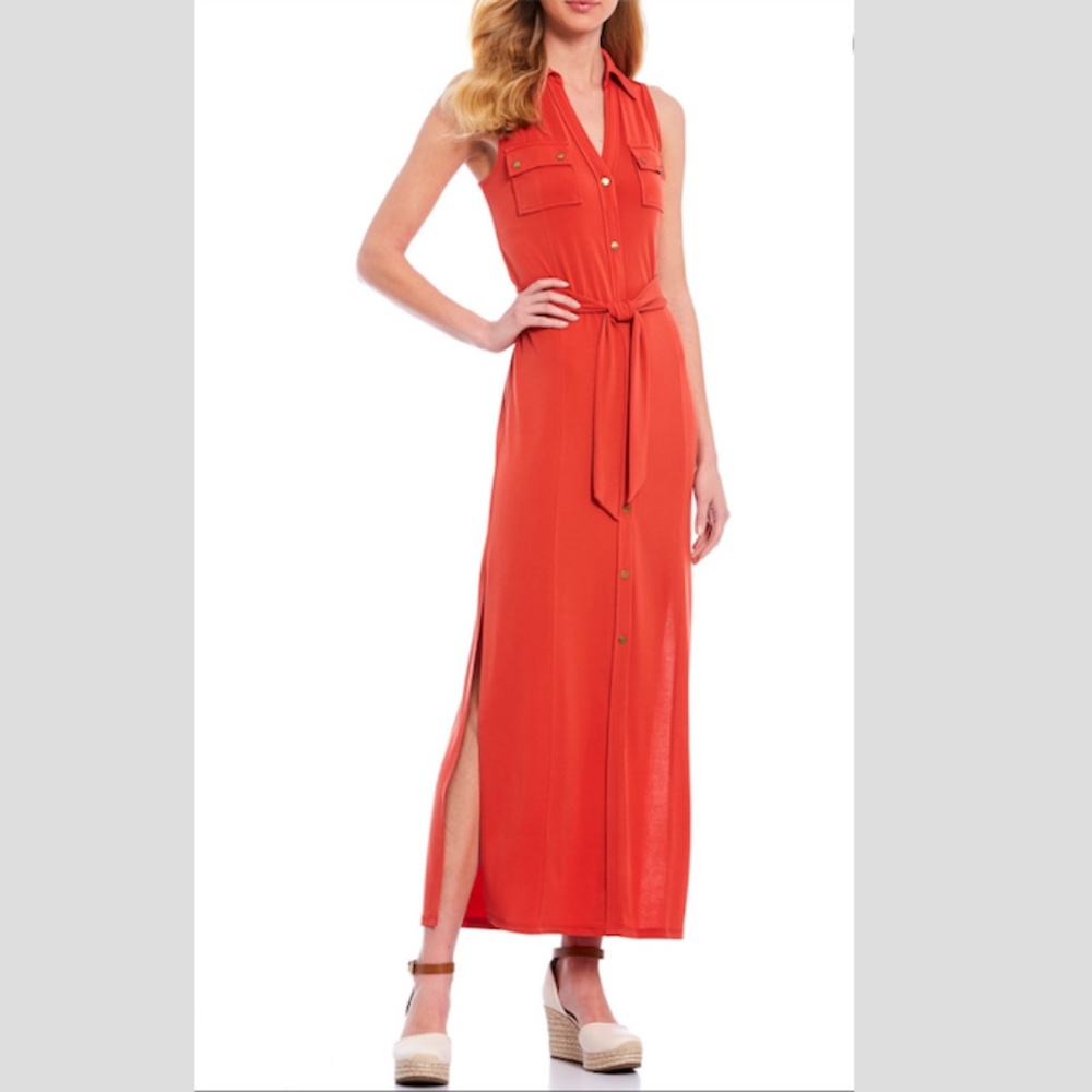 Michael Kors Orange Tie Waist Midi Shirt Dress
